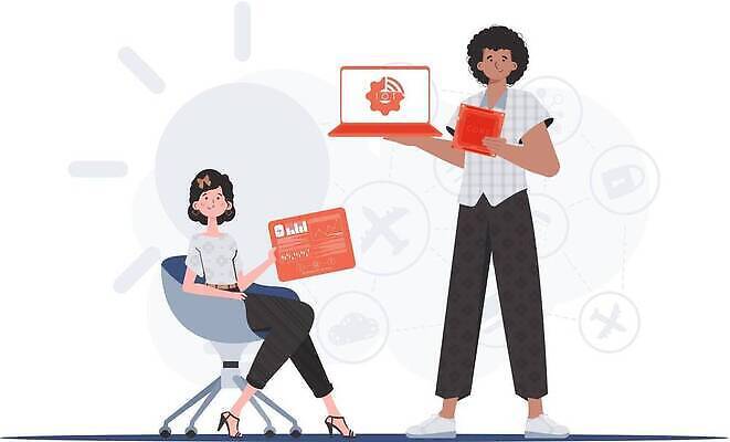 EPS 해외이미지 전신 여자 남자 의자 일러스트 협력 들기 앉기 성인 두명 노트북 카드 사물인터넷 성인만 해외202309 해외일러스트 가구 모션 정보기술 사람 전자제품 파일형식 벡터