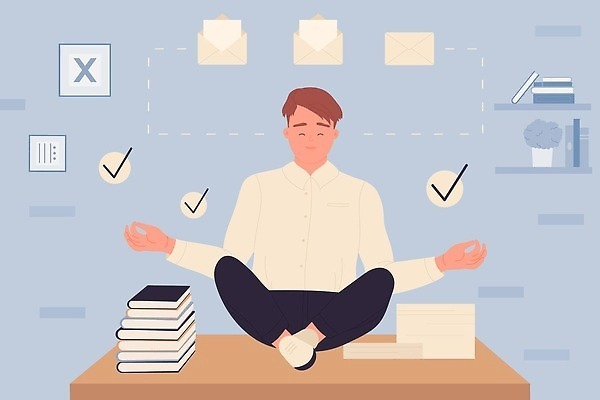 EPS 해외이미지 전신 남자 일러스트 탁자 한명 성인 사무실 요가자세 비즈니스맨 체크표시 책더미 성인남자한명만 해외202309 해외일러스트 1 포즈 가구 비즈니스 요가 사람 책 직장인 확인 무더기 남자한명만 성인남자만 파일형식 벡터