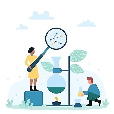 EPS 해외이미지 전신 여자 남자 잎 일러스트 돋보기 들기 성인 두명 과학기술 비커 삼각플라스크 알코올램프 성인만 해외202309 해외일러스트 식물 모션 기술 실험기구 사람 플라스크 파일형식 벡터