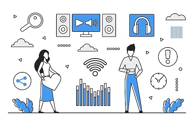 EPS 해외이미지 전신 여자 남자 음악 일러스트 비즈니스 그래프 성인 두명 파란색 디지털 정보 업무 스마트 분석 온라인 경영 데이터베이스 인터페이스 해외202310 해외일러스트 컬러 컨셉 문화예술 사람 작업 파일형식 벡터