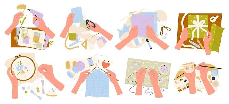 EPS 해외이미지 무료이미지 손 일러스트 포장 가위 선물 취미 그리기 뜨개질 바느질 자르기 공예 만들기 자수 글루건 수예 핸드메이드 해외202309 해외일러스트 모션 문구용품 신체부위 파일형식 벡터 무료콘텐츠