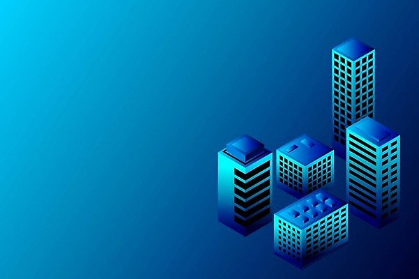 EPS 해외이미지 하늘색 백그라운드 일러스트 빌딩 사람없음 건물 파란색 도시 네온 그라데이션 아이소메트릭 해외202309 해외일러스트 건축물 컬러 파일형식 벡터