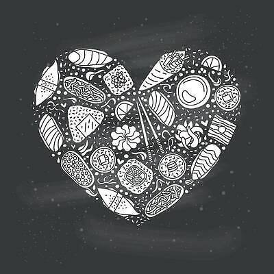 EPS 해외이미지 일러스트 젓가락 사람없음 초밥 하트 낙서 라인아트 주먹밥 롤스시 오니기리 일본음식 아기자기 해외202309 해외일러스트 모양 선 음식 컨셉 밥 수저 파일형식 벡터