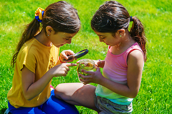 포토 JPG 해외이미지 여자 어린이 자연 돋보기 유리병 들기 상반신 야외 두명 가리킴 관찰 소녀만 해외포토 모션 병_용기 사람 손짓 생태계 여자만 어린이만 파일형식