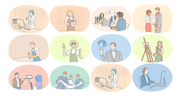 EPS 해외이미지 여자 남자 일러스트 비즈니스 정장 여러명 성인 지구본 모니터 앞치마 농부 화가 방송인 성인만 유튜버 해외202309 해외일러스트 직업 옷 다수 사람 컴퓨터 파일형식 벡터 크리에이터