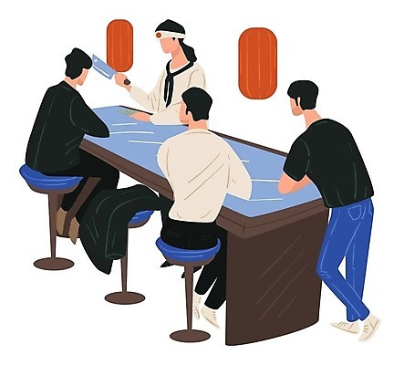 EPS 해외이미지 응시 남자 일러스트 어류 서기 들기 앉기 여러명 성인 식당 일본 요리사 기댐 잡기 식칼 성인남자만 해외202309 해외일러스트 직업 시선 아시아 다수 모션 주방용품 사람 상점 수중동물 남자만 성인만 파일형식 벡터