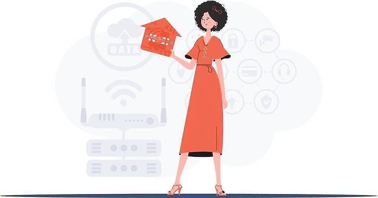 EPS 해외이미지 전신 여자 일러스트 한명 들기 성인 사물인터넷 성인여자한명만 집모양 해외202309 해외일러스트 모양 1 모션 정보기술 사람 여자한명만 성인여자만 파일형식 벡터