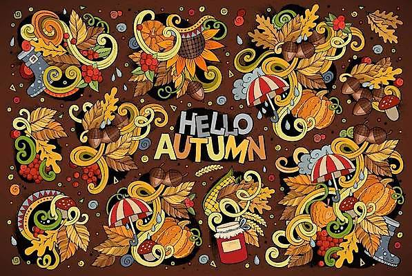 EPS 해외이미지 일러스트 우산 호박 사람없음 낙서 가득함 도토리 레터링 해외202309 해외일러스트 채소 견과류 파일형식 벡터