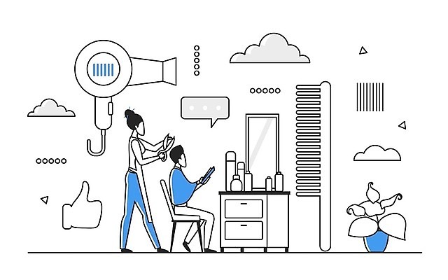 EPS 해외이미지 전신 여자 남자 일러스트 비즈니스 성인 두명 파란색 디지털 정보 업무 미용실 드라이어 스마트 분석 온라인 경영 데이터베이스 인터페이스 해외202310 해외일러스트 컬러 컨셉 사람 미용용품 작업 뷰티샵 파일형식 벡터