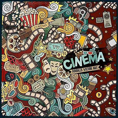 EPS 해외이미지 커피 일러스트 가면 사람없음 텔레비전 낙서 가득함 필름 영화 팝콘 영사기 3D안경 레터링 해외202309 해외일러스트 안경 음료 문화예술 전자제품 파일형식 벡터