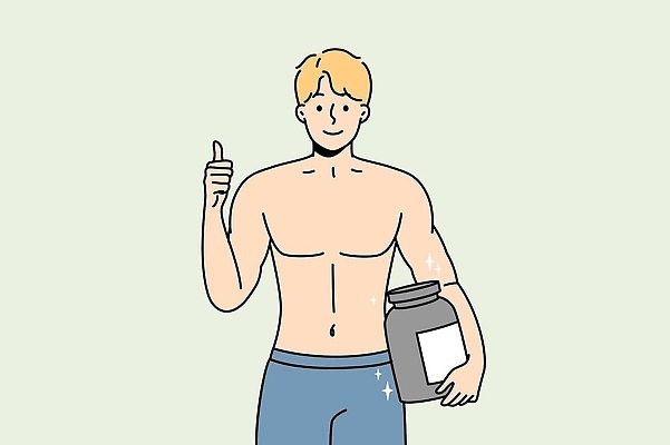 EPS 해외이미지 남자 일러스트 근육 한명 들기 상반신 성인 반짝임 따봉 성인남자한명만 프로틴파우더 해외202309 해외일러스트 1 모션 사람 최고 단백질 남자한명만 성인남자만 파일형식 벡터