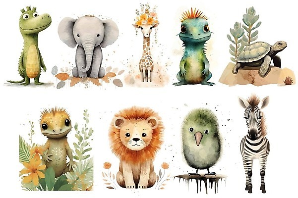 EPS 해외이미지 일러스트 코끼리 사람없음 귀여움 풀잎 거북이 사자 기린 도마뱀 번짐 악어 얼룩말 이구아나 키위새 해외202309 해외일러스트 컨셉 잎 포유류 파충류 조류 말_동물 풀_식물 파일형식 벡터 효과