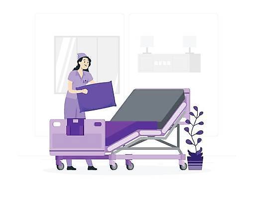 EPS 해외이미지 전신 여자 화분 화초 일러스트 베개 병원 한명 들기 성인 보라색 간호사 정리 병원침대 성인여자한명만 해외202309 해외일러스트 식물 1 컬러 의학 침구 모션 사람 의료진 침대 여자한명만 성인여자만 파일형식 벡터