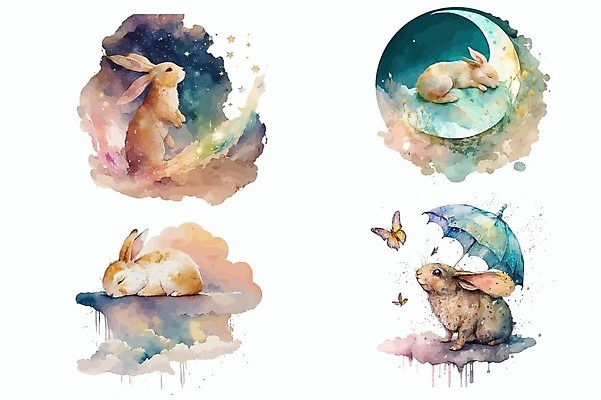 EPS 해외이미지 나비 일러스트 사람없음 귀여움 달 토끼 번짐 해외202309 해외일러스트 자연요소 곤충 컨셉 포유류 반려동물 파일형식 벡터 효과