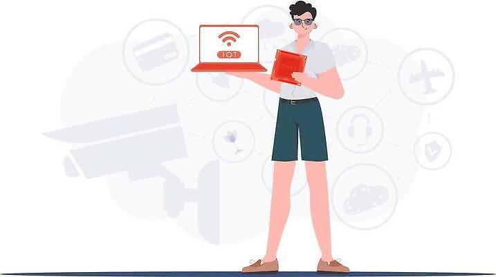 EPS 해외이미지 전신 남자 일러스트 한명 들기 성인 노트북 선글라스 사물인터넷 성인남자한명만 해외202309 해외일러스트 1 안경 모션 정보기술 사람 전자제품 남자한명만 성인남자만 파일형식 벡터