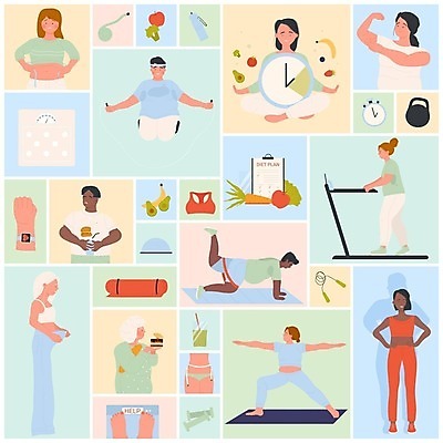 EPS 해외이미지 여자 남자 다이어트 채소 일러스트 성공 여러명 성인 운동복 운동 건강관리 아령 비만 런닝머신 자기관리 성인만 해외202309 해외일러스트 옷 다수 컨셉 건강 관리 사람 운동기구 몸매 파일형식 벡터