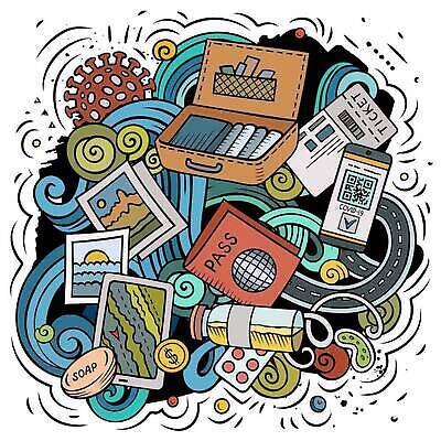 EPS 해외이미지 디자인 여행 스티커 일러스트 휴가 설계 건강 가면 안전 장식 컬러풀 짐 바이러스 보호 낙서 그래피티 공항 만화 심볼 오브젝트 예방 엽서 모음 고립 구성 백신 전염병 코로나바이러스 뉴노멀 락다운 해외202309 해외일러스트 컬러 컨셉 의학 교통시설 경제 질병 편지 그림 파일형식 벡터