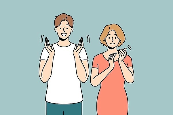 EPS 해외이미지 라이프스타일 여자 남자 일러스트 상반신 성인 두명 축하 박수 긍정 긍정적 성인만 해외202309 해외일러스트 감정 컨셉 사람 손짓 생활 파일형식 벡터