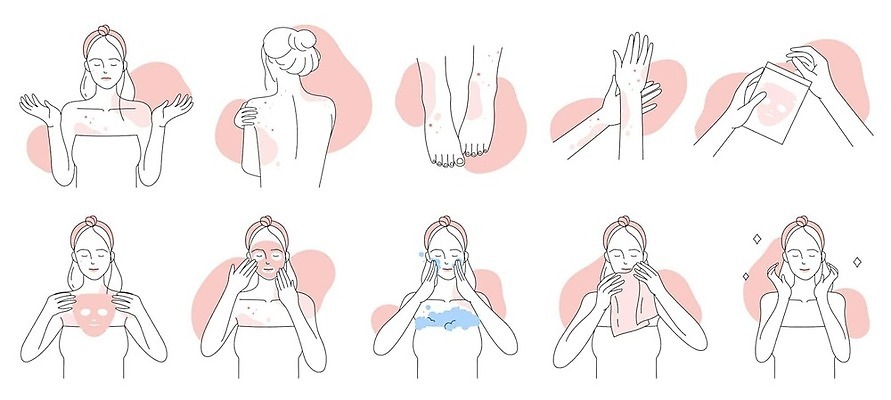 EPS 해외이미지 캐릭터 손 얼굴 선 컨셉 신체 일러스트 건조 건강 가면 사람 치료 빨간색 세트 뷰티 환자 의사 짜증 질병 피부 문제 알레르기 돌봄 염증 증상 벡터 해외202309 해외일러스트 일러캐릭터 감정 컬러 의학 모션 신체부위 의료진 파일형식