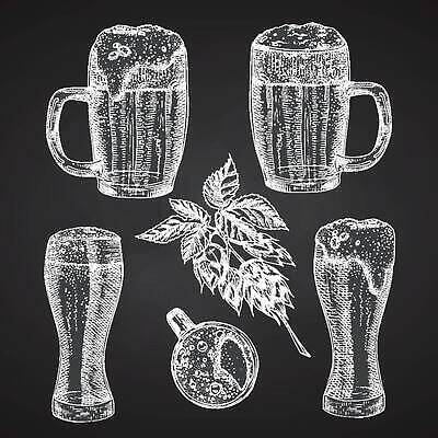 EPS 해외이미지 일러스트 생맥주 사람없음 세트 거품 빈티지 스케치 허브 메뉴 맥주잔 손그림 해외202309 해외일러스트 식물 컨셉 술잔 맥주 미술 파일형식 벡터