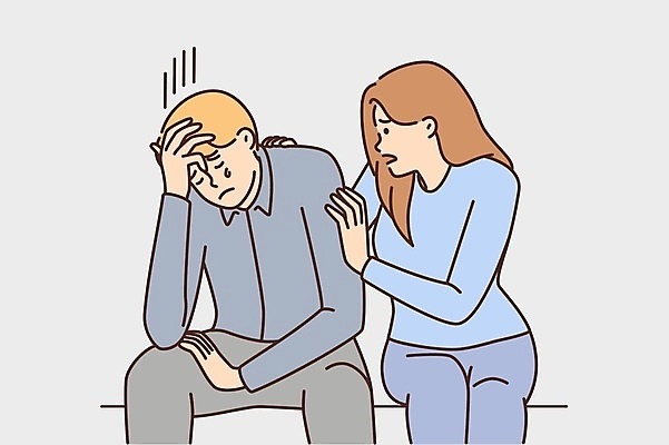 EPS 해외이미지 여자 남자 일러스트 스트레스 피곤 앉기 상반신 성인 두명 슬픔 도움 찡그림 좌절 위로 성인만 어깨에손 해외202309 해외일러스트 감정 컨셉 모션 표정 사람 파일형식 벡터