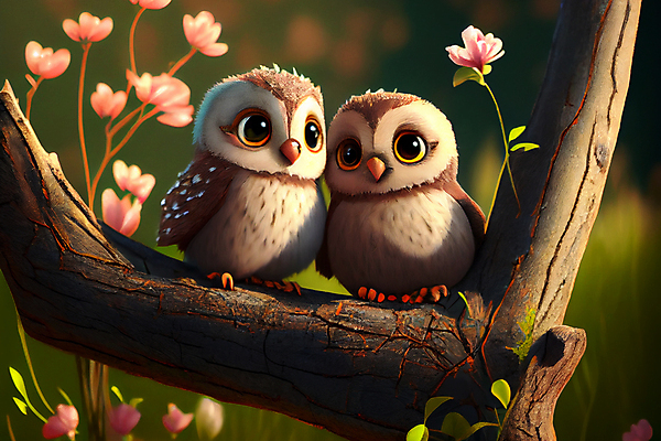 포토 JPG 해외이미지 꽃 새끼 잎 두마리 사람없음 갈색 귀여움 나뭇가지 부엉이 해외202309 해외포토 나무 식물 동물 컬러 컨셉 2 조류 파일형식