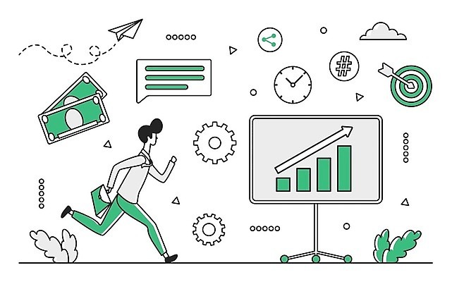 EPS 해외이미지 전신 남자 화살표 시계 지폐 일러스트 비즈니스 한명 성인 초록색 달리기 스크린 과녁판 종이비행기 막대그래프 톱니바퀴 상승 전략 성인남자한명만 해시태그 해외202309 해외일러스트 1 컬러 컨셉 돈 모션 그래프 사람 종이접기 특수문자 남자한명만 성인남자만 파일형식 벡터