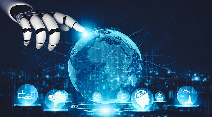 JPG 해외이미지 손 일러스트 미래 기술 신체부위 파란색 지구본 3D 디지털 터치 가리킴 네트워크 로봇 톱니바퀴 해외202309 해외포토 포토 컬러 컨셉 사람 손짓 디지털합성 파일형식