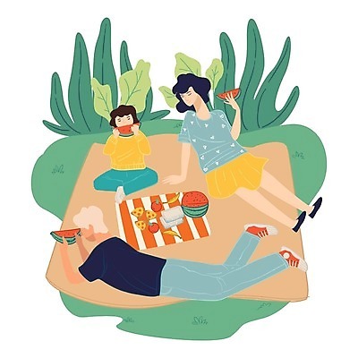 EPS 해외이미지 전신 여자 남자 딸 어린이 엎드리기 잎 일러스트 엄마 디저트 수박 앉기 잔디 성인 세명 눈감음 기댐 아빠 먹기 돗자리 해외202309 해외일러스트 식물 음식 과일 가족 모션 사람 파일형식 벡터