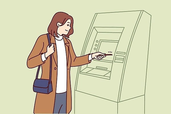 EPS 해외이미지 여자 가방 일러스트 한명 들기 상반신 성인 신용카드 ATM 성인여자한명만 해외202309 해외일러스트 1 잡화 모션 사람 금융 여자한명만 성인여자만 파일형식 벡터