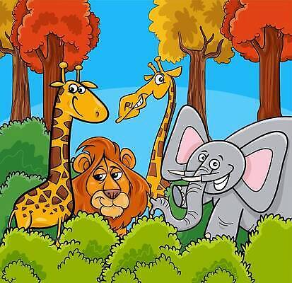 EPS 해외이미지 나무 일러스트 하늘 코끼리 사람없음 세트 사자 기린 풀숲 해외202309 해외일러스트 식물 포유류 숲 파일형식 벡터