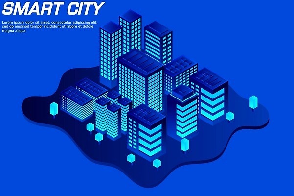 EPS 해외이미지 일러스트 빌딩 사람없음 건물 파란색 도시 아이소메트릭 해외202309 해외일러스트 건축물 컬러 파일형식 벡터