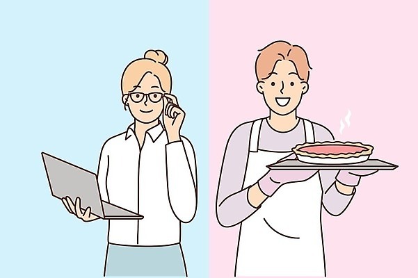 EPS 해외이미지 여자 남자 안경 일러스트 들기 상반신 성인 두명 노트북 앞치마 비즈니스우먼 주부 성인만 해외일러스트 잡화 비즈니스 모션 사람 전자제품 직장인 파일형식 벡터