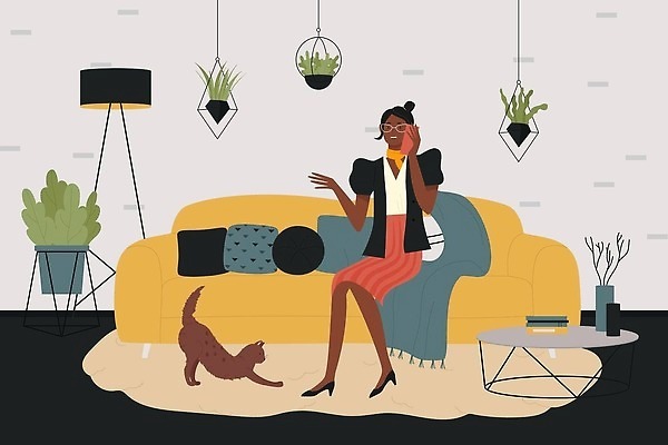 EPS 해외이미지 전신 라이프스타일 여자 일러스트 함께함 한명 앉기 성인 소파 통화 성인여자한명만 반려묘 해외202309 해외일러스트 1 컨셉 의자 모션 사람 생활 반려동물 고양이 여자한명만 성인여자만 파일형식 벡터