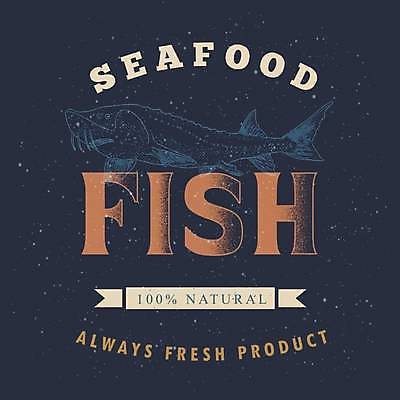 EPS 해외이미지 영어 리본 일러스트 어류 타이포그라피 사람없음 빈티지 남색 라인아트 해산물 해외202309 해외일러스트 문자 선 컬러 컨셉 수중동물 파일형식 벡터