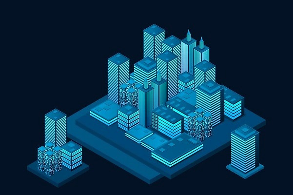 EPS 해외이미지 하늘색 백그라운드 일러스트 빌딩 사람없음 건물 도시 네온 아이소메트릭 해외202309 해외일러스트 건축물 파란색 파일형식 벡터