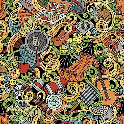 EPS 해외이미지 백그라운드 포크 패턴 일러스트 사람없음 소풍 카메라 햄버거 기타 라켓 꼬치 낙서 사과 가득함 도토리 피크닉용품 해먹 소풍바구니 해외일러스트 식기 스포츠용품 무늬 과일 현악기 패스트푸드 전자제품 야외활동 바구니 견과류 침대 파일형식 벡터