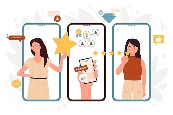 EPS 해외이미지 여자 별 일러스트 상반신 성인 두명 스마트폰 서비스 리뷰 별점 성인여자만 해외202309 해외일러스트 자연요소 사람 핸드폰 스마트기기 점수 평가 여자만 성인만 파일형식 벡터