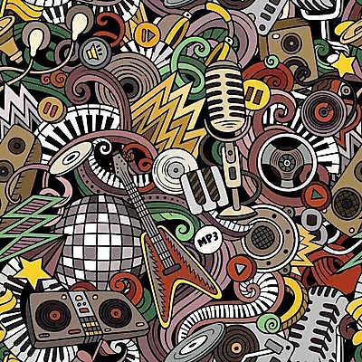 EPS 해외이미지 이어폰 백그라운드 패턴 일러스트 사람없음 헤드셋 스피커 기타 피아노건반 낙서 가득함 마이크 디스코 해외일러스트 음악 음향기기 무늬 현악기 헤드폰 춤 건반 피아노 파일형식 벡터