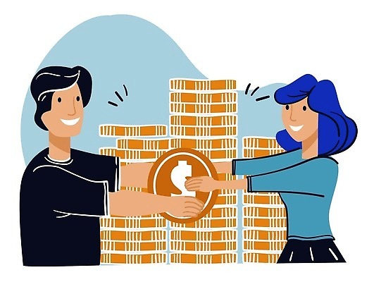 EPS 해외이미지 여자 남자 일러스트 상반신 성인 두명 금융 잡기 동전탑 성인만 해외일러스트 모션 사람 경제 쌓기 동전 파일형식 벡터