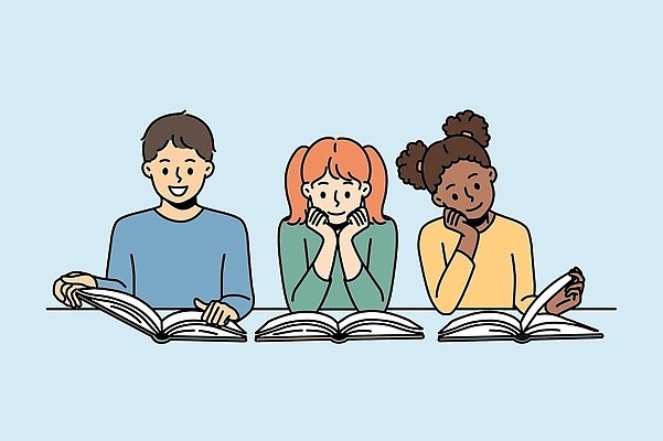 EPS 해외이미지 여자 교육 남자 어린이 일러스트 소년 상반신 책 세명 독서 턱괴기 어린이만 해외202309 해외일러스트 모션 사람 파일형식 벡터