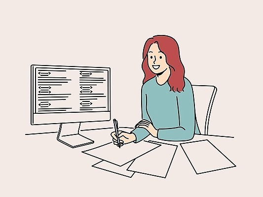 EPS 해외이미지 여자 와이셔츠 일러스트 비즈니스 한명 상반신 성인 펜 모니터 기록 문서 성인여자한명만 해외202309 해외일러스트 1 셔츠 사람 컴퓨터 필기구 여자한명만 성인여자만 파일형식 벡터