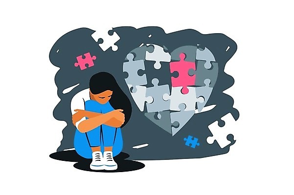EPS 해외이미지 전신 여자 일러스트 스트레스 한명 성인 하트 좌절 퍼즐조각 웅크림 감싸기 우울감 우울증 이혼 성인여자한명만 심리치료 해외202309 해외일러스트 모양 1 감정 조각 컨셉 모션 사람 치료 퍼즐 질병 심리 여자한명만 성인여자만 파일형식 벡터
