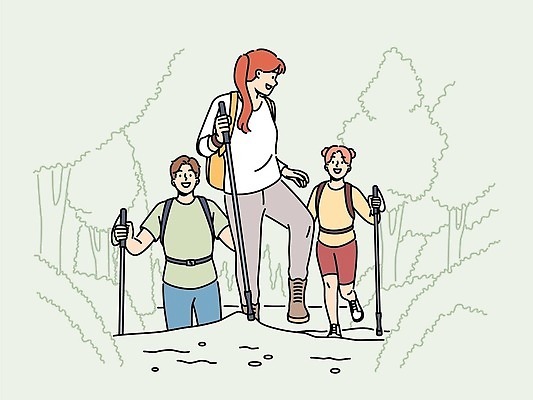 EPS 해외이미지 전신 나무 여자 남자 일러스트 웃음 성인 세명 등산 뒤돌아보기 등산스틱 성인만 해외202309 해외일러스트 식물 모션 표정 사람 트래킹 등산용품 파일형식 벡터