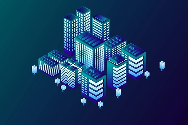 EPS 해외이미지 백그라운드 일러스트 빌딩 사람없음 건물 도시 네온 청록색 그라데이션 아이소메트릭 해외202309 해외일러스트 건축물 컬러 파일형식 벡터