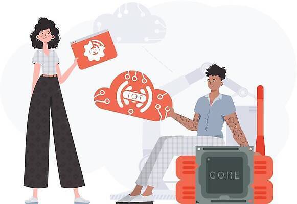 EPS 해외이미지 전신 여자 남자 일러스트 협력 들기 앉기 성인 두명 클라우드서비스 인터넷창 사물인터넷 성인만 해외202309 해외일러스트 인터넷 모션 정보기술 사람 서비스 파일형식 벡터