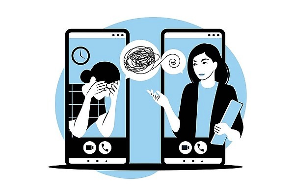 EPS 해외이미지 여자 하늘색 말풍선 일러스트 스트레스 손짓 상반신 성인 두명 스마트폰 좌절 얼굴가리기 서류판 우울감 우울증 원격의료 성인여자만 심리치료 심리상담 언택트 해외202309 해외일러스트 감정 컨셉 의학 모션 사람 치료 파란색 핸드폰 스마트기기 사무용품 진료 가림 질병 상담 심리 원격 여자만 성인만 파일형식 벡터