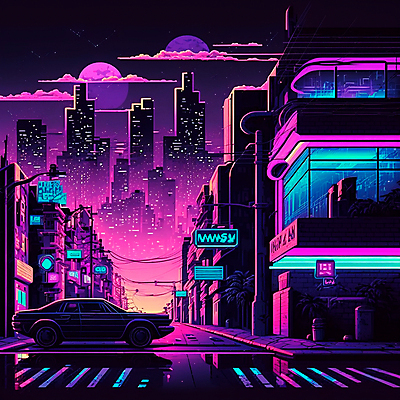 JPG 해외이미지 도로 일러스트 자동차 미래 사람없음 건물 빛 고층빌딩 어둠 도시 횡단보도 도심 네온 스카이라인 빌딩숲 해외202309 해외일러스트 건축물 길 육상교통 컨셉 교통시설 빌딩 보행로 파일형식