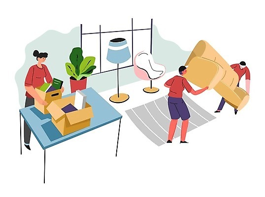 EPS 해외이미지 전신 여자 남자 화분 화초 일러스트 창문 전등 들기 성인 책 세명 소파 카펫 이사 책상 박스포장 성인만 해외202309 해외일러스트 식물 가구 의자 포장 모션 조명 사람 파일형식 벡터