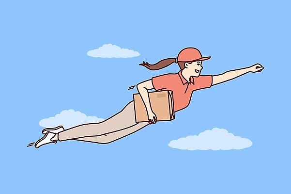 EPS 해외이미지 전신 여자 일러스트 하늘 한명 들기 성인 비행 배달원 배송 택배 슈퍼맨 성인여자한명만 해외202309 해외일러스트 직업 1 모션 사람 운송업 영웅 여자한명만 성인여자만 파일형식 벡터